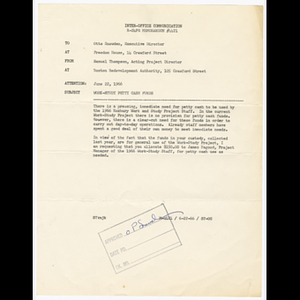 Memorandum from Samuel Thompson to Otto Snowden about work-study petty cash funds
