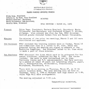 Minutes from Master Parents Advisory Council meeting on March 20, 1986, including a letter from the council to Deputy Superintendent Rudolph Crew