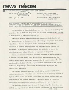University of Wisconsin-La Crosse News Release (April 25, 1991)
