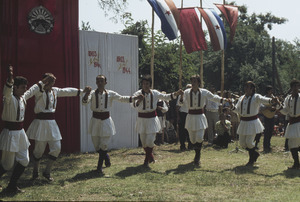 Folk dancers and banners at Trnovo celebration