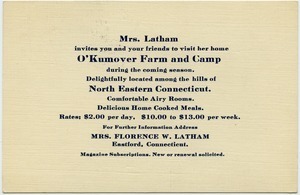 Mrs. Latham invite you and your friends to visit her home O'Kumover Farm and Camp during the coming season