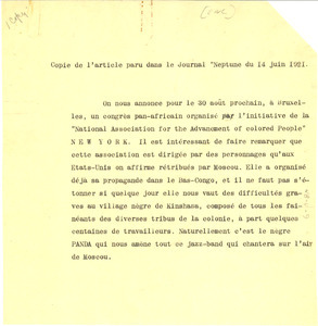 Copie de l'article paru dans le Journal 'Neptune' du 14 juin 1921