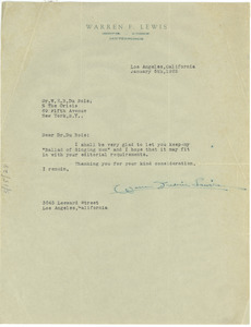 Letter from Warren Frederic Lewis to W. E. B. Du Bois
