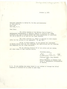 Letter from Amalgamated Lithographers of America to National Committee to Defend Dr. Du Bois