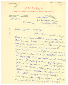 Letter from George Padmore to W. E. B. Du Bois