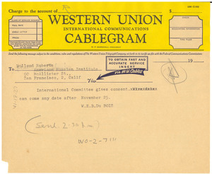 Telegram from W. E. B. Du Bois to Holland Roberts