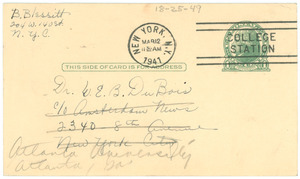 Postcard from Bernadine C. Blessitt to W. E. B. Du Bois