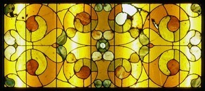 Clapp Memorial Library: interior view of stained glass window (detail)