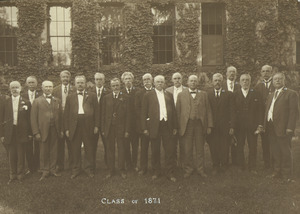 Members of the Class of 1871 standing in front of Old Chapel