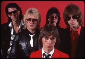 The Cars, photo shoot for Candy-O: (from left) Ric Ocasek, Benjamin Orr, Greg Hawkes, David Robinson, and Elliot Easton