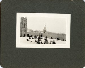 Saint Mary's Hall exterior: cloister garden with snow, by Clifton Church