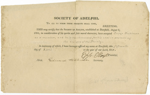 George Dickinson certificate of acceptance to Society of Adelphi
