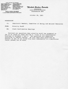 Memo to Committee Democratic Members from the Minority Staff regarding the Clark Confirmation Hearings