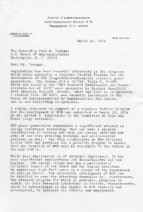 Letter concerning Senate Bill (S.744), "MHD Research Development and Demonstration Act of 1975"