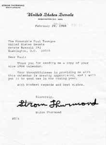 Letter to Paul Tsongas from Strom Thurmond thanking him for the copy of the 1984 calendar