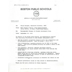 Letter, recommended changes in student assignment plan, September 10, 1990.