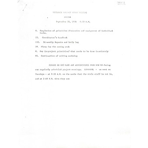 Research project staff meeting agenda, September 21, 1976.