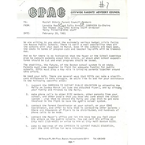 Letter, Racial Ethnic Parent Council members, February 20, 1981.