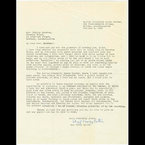 Letter to Muriel Snowden inviting students affiliated with Freedom House to study music at the Boston Community Music Center