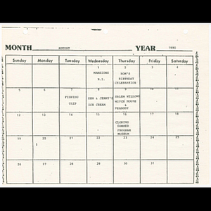 Calendar for Goldenaires events, August 1990