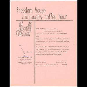 Flier advertising Freedom House Coffee Hour featuring policewoman Dorothy Harrison