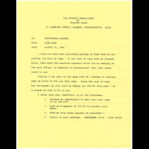 Memo from Ruth Gore to Goldenaires about visit to Grotonwood