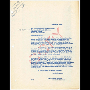 Letter from Muriel Snowden to the Honorable Jennie Loitman Barron of the Municipal Court of Boston about speaking at Freedom House