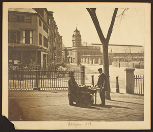 Park Square, "Apple Mary" selling fruit, Boston, Mass., 1863
