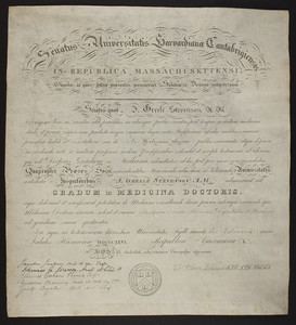Harvard University diploma, 1826