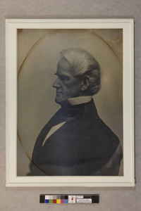 Head-and-shoulders portrait of Horace Mann, facing left, location unknown, ca. 1853