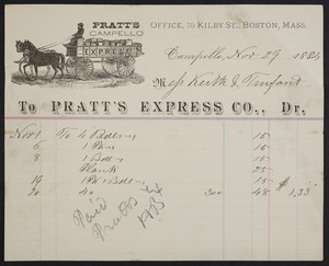 Billhead for Pratt's Express Co., Dr., Campello, Mass., dated November 29, 1884