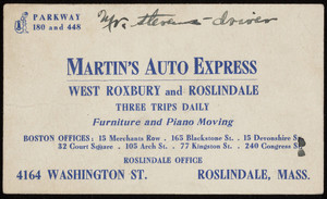 Trade card for Martin's Auto Express, 4164 Washington Street, Roslindale, Mass., undated