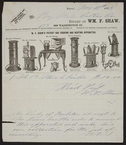 Billhead for Wm. F. Shaw, stoves, 615 Washington St., Boston., Mass., dated November 11, 1868
