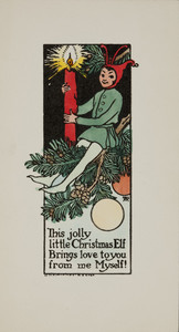 Christmas card, showing elf with candle, ca. 1915