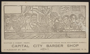 Trade card for the Capital City Barber Shop, 11 Pleasant Street, Concord, New Hampshire, undated