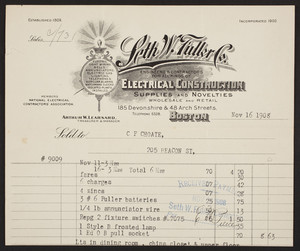 Billhead for the Seth W. Fuller Co., engineers & contractors for all kinds of electrical construction, supplies and novelties, 185 Devonshire & 48 Arch Streets, Boston, Mass., dated November 16, 1908