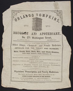 Orlando Tompkins, druggist and apothecary, No. 271 Washington Street, corner Winter Street, Boston, Mass., ca. 1865