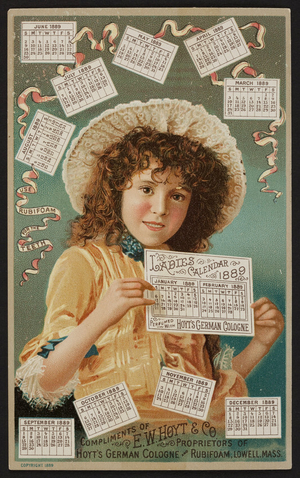 Trade card for Hoyt's German Cologne and Rubifoam for the teeth, E.W. Hoyt & Co., Lowell, Mass., 1889