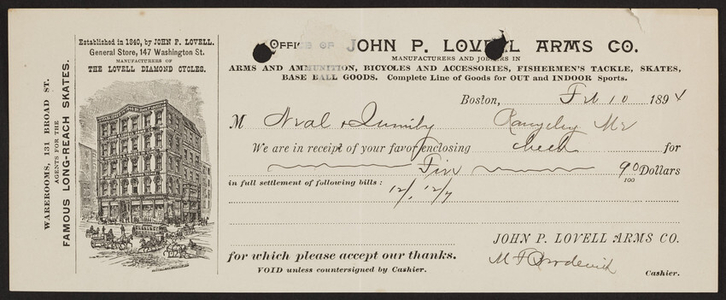 Receipt for the John P. Lovell Arms Co., arms and ammunition, 147 Washington Street and 131 Broad Street, Boston, Mass., dated February 10, 1894