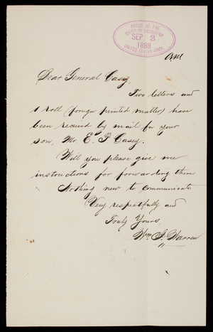 [William J.] Warren to Thomas Lincoln Casey, September 3, 1888