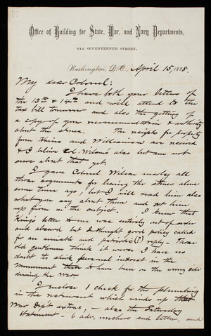 Bernard R. Green to Thomas Lincoln Casey, April 15, 1888