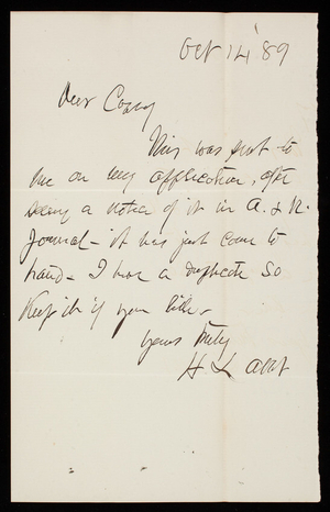 [Henry] L. Abbot to Thomas Lincoln Casey, October 14, 1889