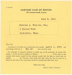 Dues notice from Harvard Club of Boston to Charles L. Whipple