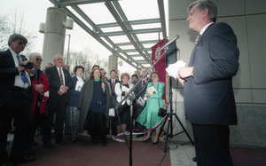 Dedication ceremonies for the Conte Polymer Center: David K. Scott addressing the crowd (view toward the crowd)