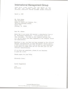 Letter from Laurie Roggenburk to Fred Adams