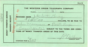 Receipt for money transfer service via Western Union Telegraph