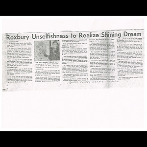 Photocopy of Boston Sunday Herald article, Roxbury unselfishness to realize shining dream