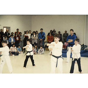 Group of students practicing martial arts in front of an audience