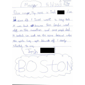 Handwritten Letter of Sympathy to the City of Boston from a 6th Grade Student at Clarecastle National School, Ireland.