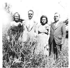 Wedding party posing in grass